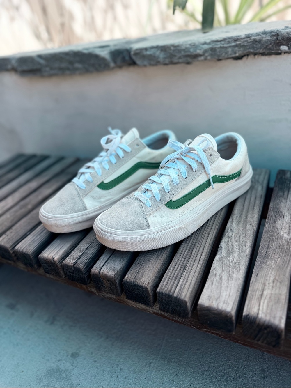 White Low-Top Sneakers with Green Side Stripe